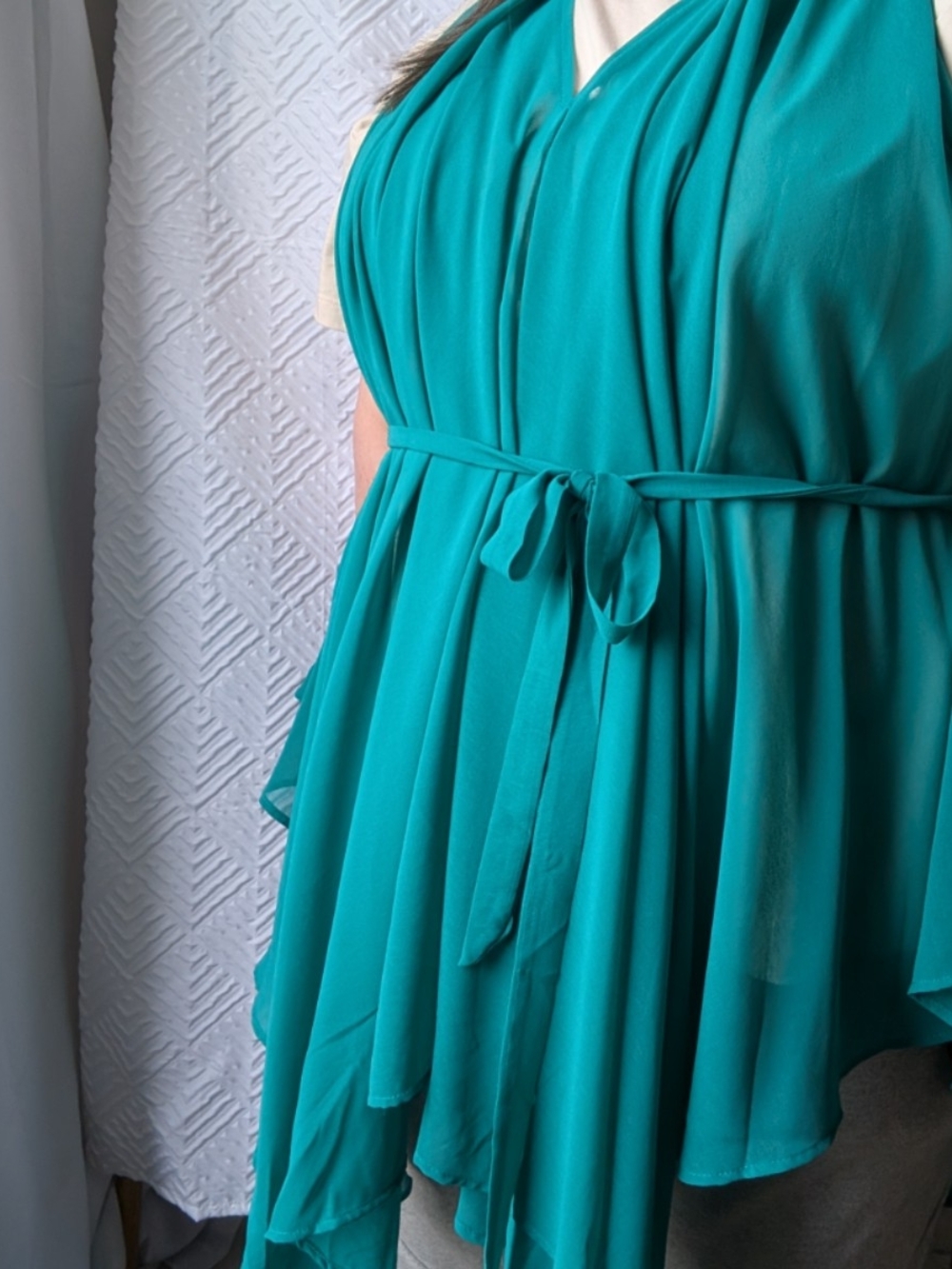 Boutique Plus Size 2x NWT Teal Draped Belted Women’s Sheer Blouse Staggered Hem